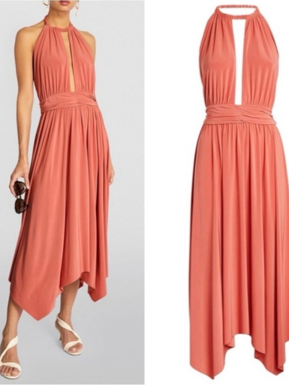 Misa Los Angeles Coral Halter Asymmetrical Midi Dress